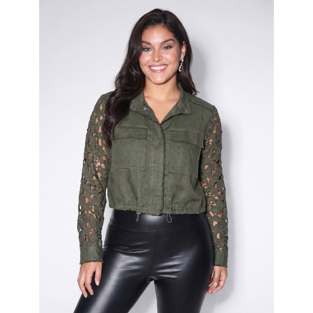 Elie Tahari Olive Green Cutout Lace Sleeve Utility Jacket Cropped Sz M Excellent